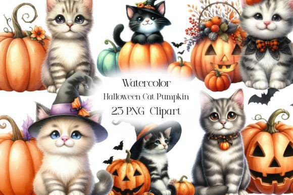 Download Watercolor Halloween Cat Pumpkin Clipart - Watercolor Collection