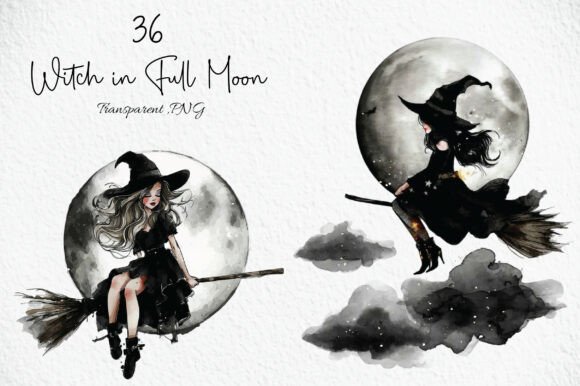 Download Watercolor Witch in Full Moon Clipart - Watercolor Collection