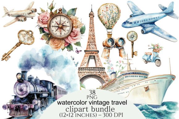Download Watercolor Vintage Travel Clipart Bundle - Watercolor Collection