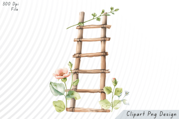 Download Watercolor Wooden Ladder with Flowers PN - Flowers Collection