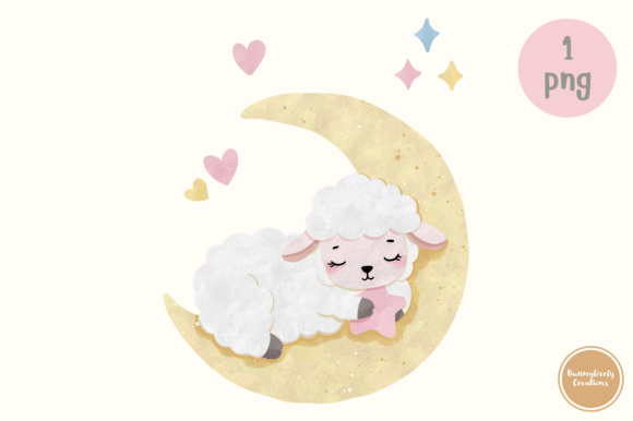 Download Watercolor Baby Sheep Sleeping on Moon - Watercolor Collection