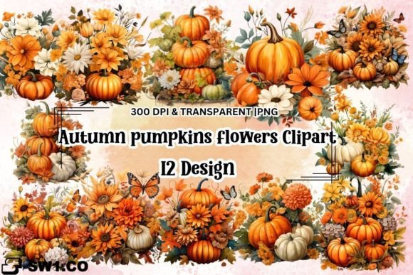 Download Autumn Pumpkins with Flowers Clipart - Flowers Collection