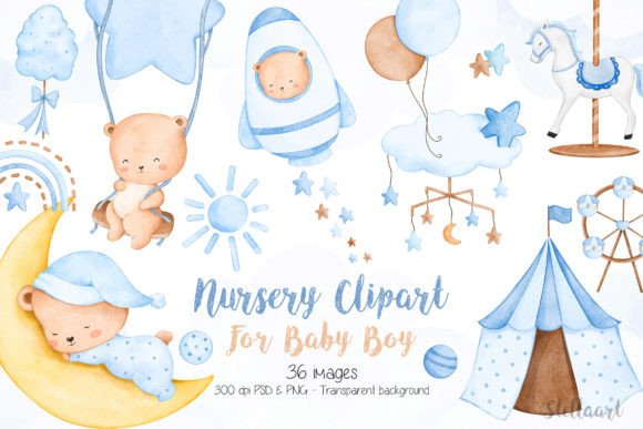 Download Watercolor Nursery Clipart for Baby Boy - Watercolor Collection