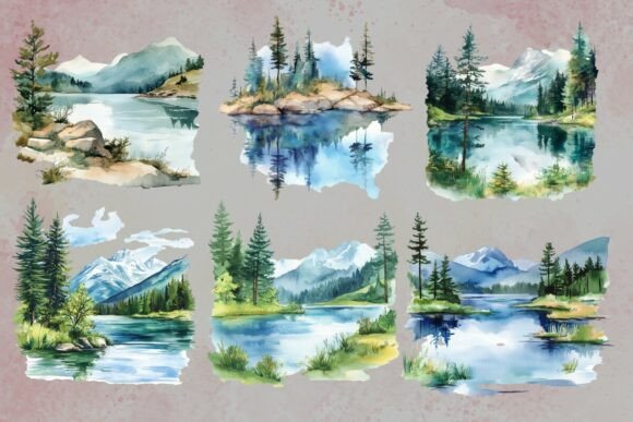 Download Watercolor Lake Landscape Clipart - Watercolor Collection
