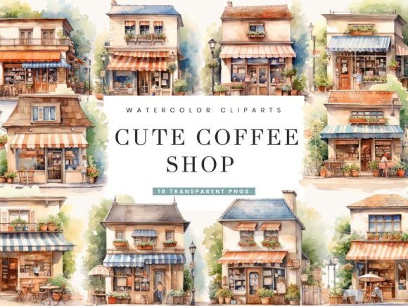Download Watercolor Cute Coffee Shop Clipart - Watercolor Collection